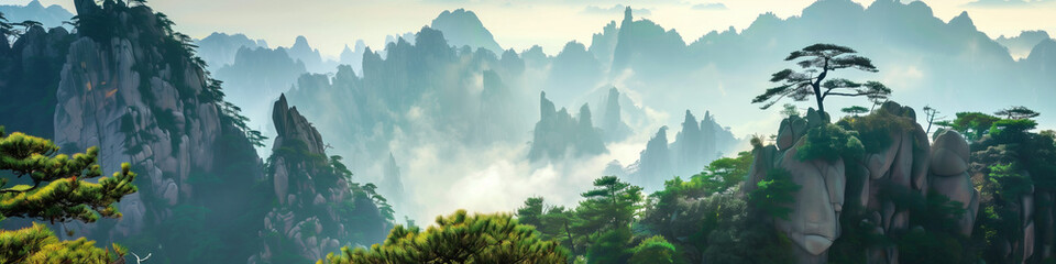 Landscape banner of clouds, sea, fog and pine trees in Huangshan, Anhui, China,created with Generative AI tecnology.