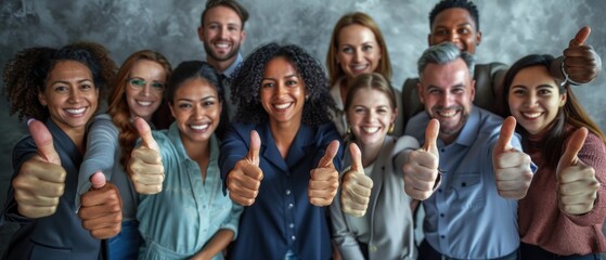 Thumbs up from a happy business team excited about the success they achieve together at work. Overhead view diverse group of corporate people excited by success and give approval to winning - obrazy, fototapety, plakaty