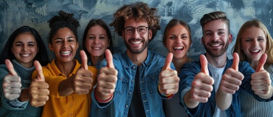 Thumbs up from a happy business team excited about the success they achieve together at work. Overhead view diverse group of corporate people excited by success and give approval to winning - obrazy, fototapety, plakaty