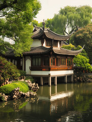 Suzhou garden landscape, China,created with Generative AI tecnology.