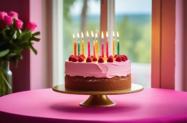 Birthday cake with candles on background of window with pink flowers copy space