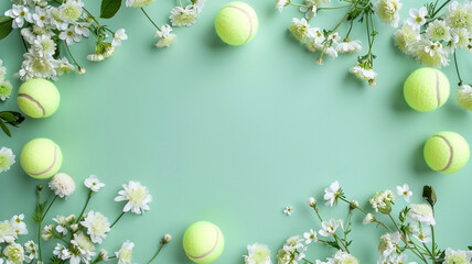 Tennis ball and pretty flowers, copy Green banner background with space,テニスボールと可愛い花、コピー スペースのある緑のバナーの背景,Generative AI	 - obrazy, fototapety, plakaty