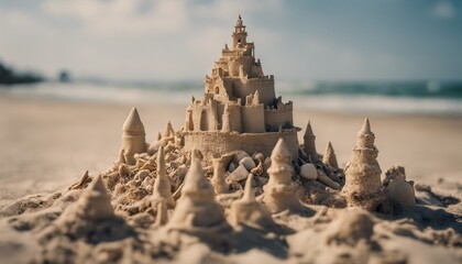 A towering sandcastle stands on a deserted beach, meticulously crafted with shells, driftwood, and seaweed. The tide begins to encroach, casting a sense of impending impermanence. - obrazy, fototapety, plakaty