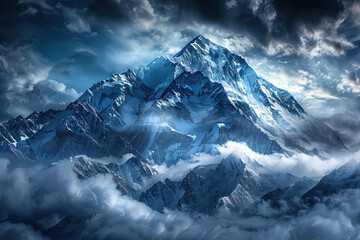 Clouds Over Mountain In Alaska With Magnificent scenery of snowcapped peaks with a mysterious look. Snowy Peaks Shrouded in Clouds, Dark Blue and White Tones, Captured in Top View with Backlighting.  - obrazy, fototapety, plakaty