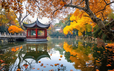 Autumn landscape of Suzhou gardens in China,created with Generative AI tecnology.