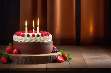 Birthday cake with candles on dark background with copy space