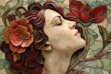Captivating portrait: girl adorned in the enchanting style of art nouveau, embodying the grace and allure of this timeless artistic movement, a mesmerizing blend of elegance and intricate detailing.