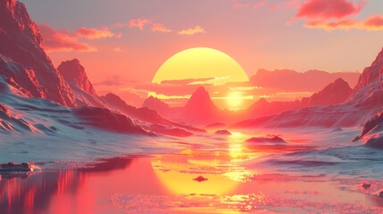 Majestic Retro-Futuristic Landscape at Ethereal Golden Hour Sunset with Dramatic Pastel Skies and Soft Glowing Reflection