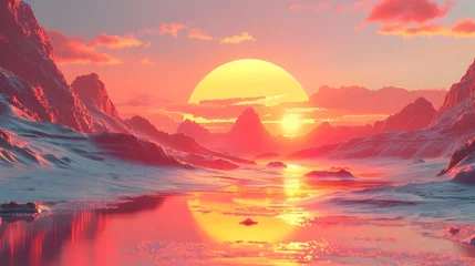 Photo sur Plexiglas Corail Majestic Retro-Futuristic Landscape at Ethereal Golden Hour Sunset with Dramatic Pastel Skies and Soft Glowing Reflection