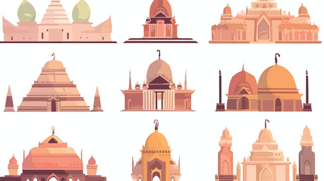 Indian set temples architecture icons flat cartoon