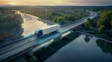 Fototapeta premium A sturdy truck confidently crosses a bridge spanning a wide river, with water flowing below
