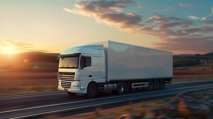 A white truck cruises down a quiet road as the sun sets, casting a warm glow on the surroundings