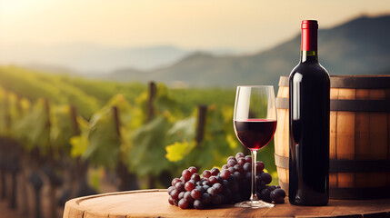 Bottle of wine with grapes on background