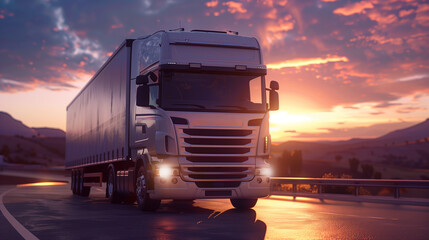 A white truck cruises down a winding road, illuminated by the warm hues of the setting sun