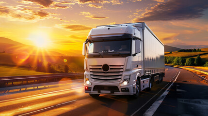 A white truck drives down a winding road as the sun sets, casting a warm glow on the surrounding landscape