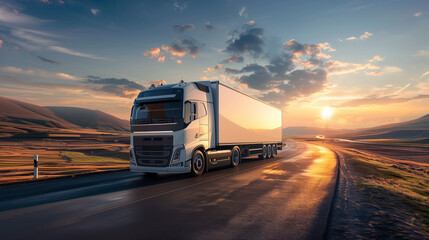 A semi truck travels down a rural road, surrounded by vast green fields and a clear blue sky - obrazy, fototapety, plakaty
