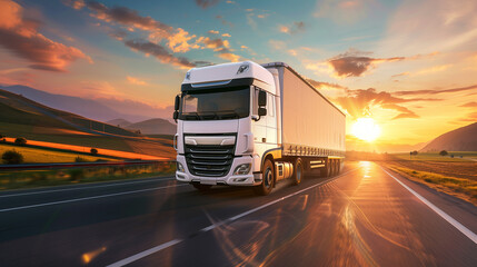 A semi truck overtakes traffic on a highway, its headlights cutting through the dusk as the sun sets in the background