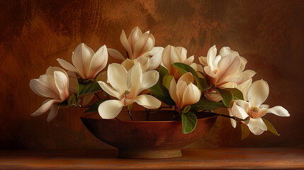 Elegant Magnolia Flowers in Bloom in Rustic Bowl on Wooden Table