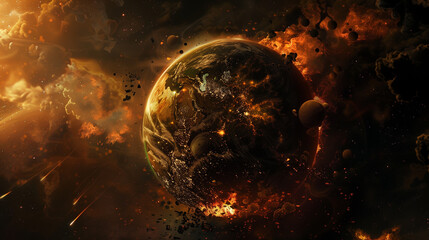 Apocalyptic Concept Art of Fiery Destruction of Earth in Space - obrazy, fototapety, plakaty