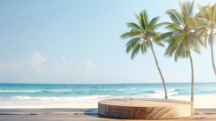 Two palm trees gracefully sway on the sandy beach beside the ocean waves under the clear blue sky,...