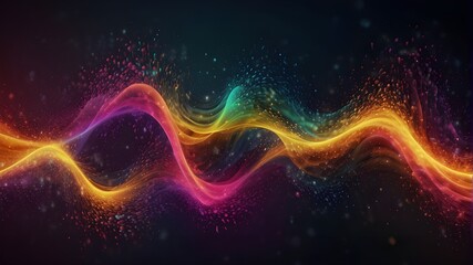 Waves of brilliant particles Sound and music visualization, futuristic shiny blue line wave. Abstract background of digital technology. A wave of brilliant particles. Sound and music visualizations.  - obrazy, fototapety, plakaty