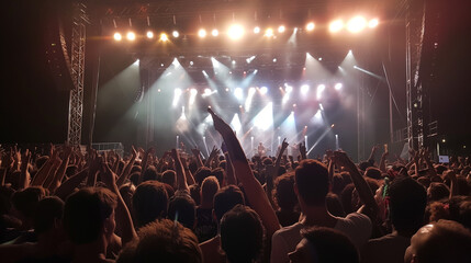 A vibrant sea of fans, hands raised, music pulsing through the air at a concert, summer festival...