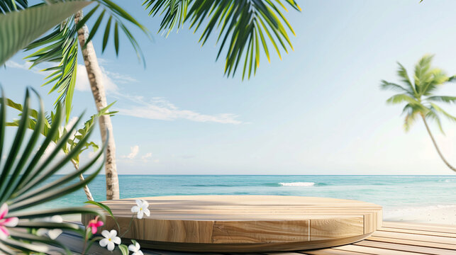A luxurious hot tub sits on a wooden deck overlooking the vast ocean, inviting relaxation and tranquility, Summer product display on wooden podium at sea tropical beach