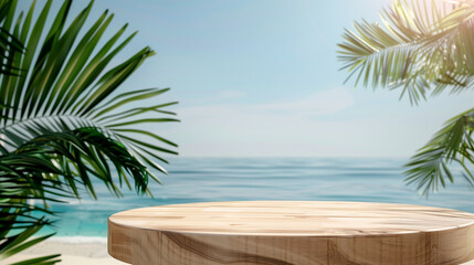 Fototapeta premium A wooden table stands elegantly on a sandy beach, surrounded by the peaceful sounds of waves crashing and seagulls calling, Summer product display on wooden podium at sea tropical beach.