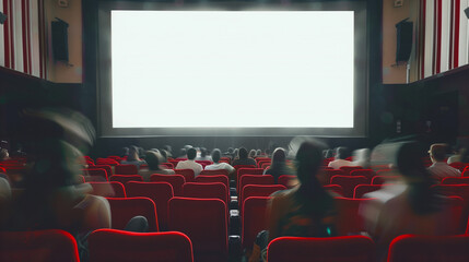A diverse group of people sitting in front of a massive high-definition screen, engrossed in the content displayed, Cinema blank wide screen 