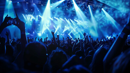 A lively and electrifying crowd of people at a concert, arms raised in synchrony, expressing sheer joy and enthusiasm for the music, crowd partying stage lights live concert summer music festival. - obrazy, fototapety, plakaty