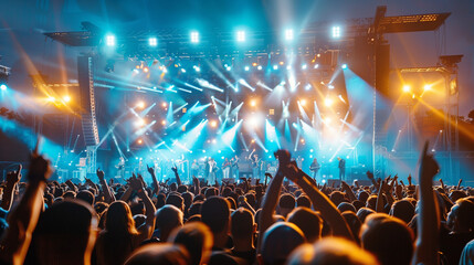 A sea of ecstatic individuals packed tightly together, swaying and cheering, at a lively concert,...