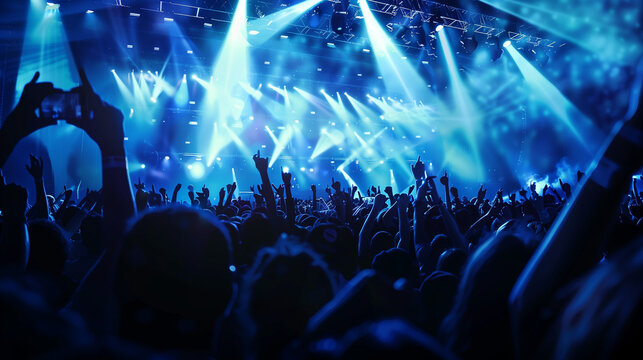 A lively and electrifying crowd of people at a concert, arms raised in synchrony, expressing sheer joy and enthusiasm for the music, crowd partying stage lights live concert summer music festival.