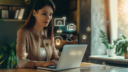 A woman immersed in work, typing on a laptop at a table, women on laptop with floating icons, Real estate investment, Buy, own, and sell properties for profit. Cash flow, appreciation, tax advantages.