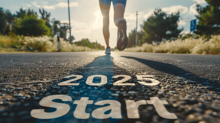 A person enthusiastically running down a street with the word start written on it, Taking off to start 2025. sprinter athlete preparing to run on the road with text 