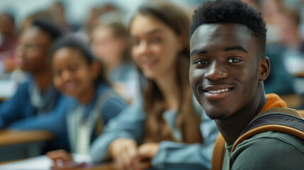 Happy college student during a lecture in the classroom looking at camera. , A diverse group of individuals engage in a lively discussion while seated at desks inside a brightly lit classroom - obrazy, fototapety, plakaty