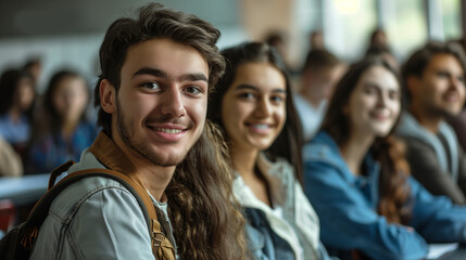 Fototapeta premium A diverse group of people of different ages and ethnicities sitting closely together, engaged in conversation and laughter, Happy college student during a lecture in the classroom looking at camera. 