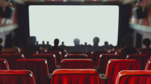 Rows of red chairs face a massive screen, creating a captivating scene in a symphony hall, Cinema blank wide screen and people in red chairs in the cinema hall. Blurred People silhouettes watching mov