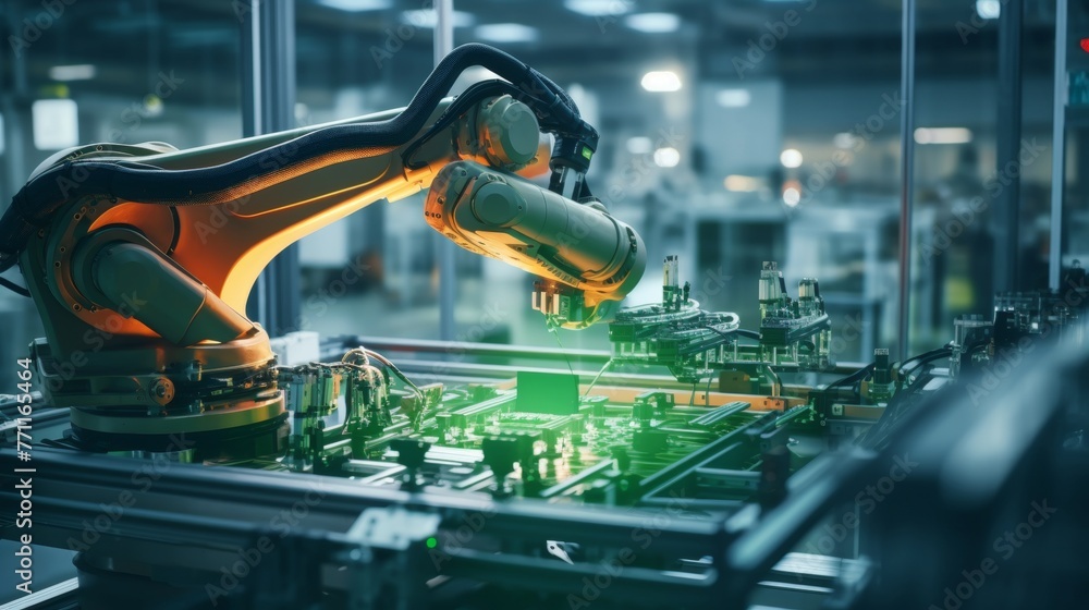 Poster advanced high precision robot arm inside bright electronics factory electronic devices production in