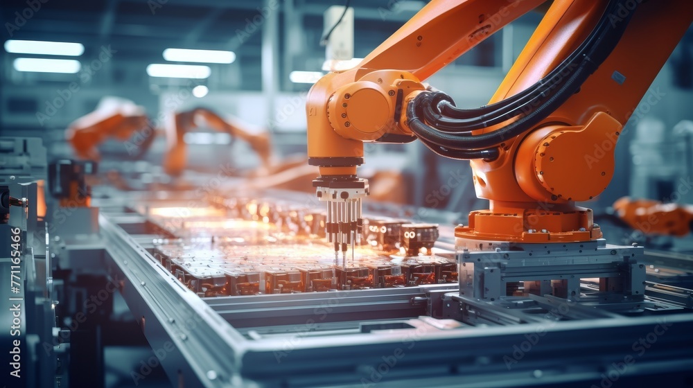 Poster advanced high precision robot arm inside bright electronics factory electronic devices production in