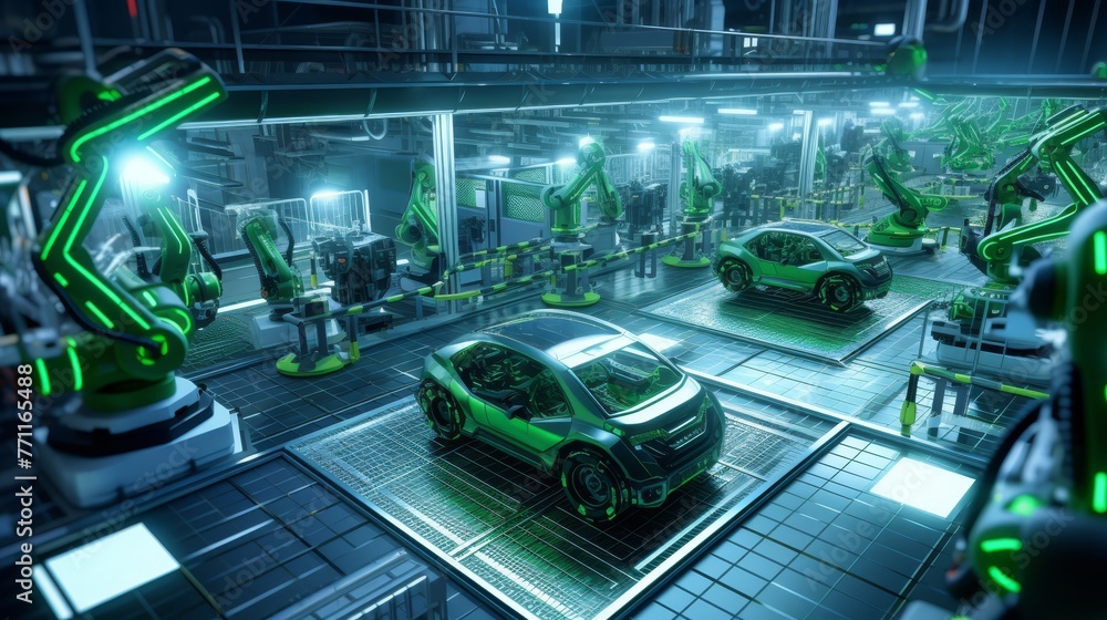 Poster advanced high precision robot arm inside bright electronics factory electronic devices production in