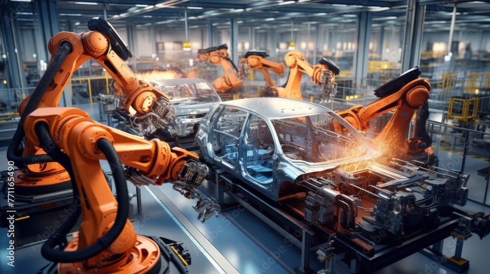 Poster advanced high precision robot arm inside bright electronics factory electronic devices production in
