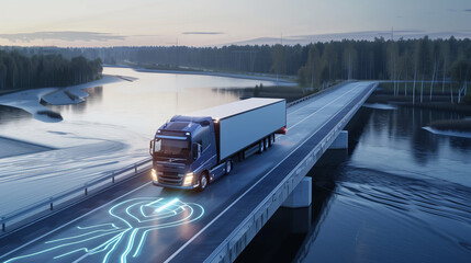 Autonomous semi-truck with a trailer, controlled by artificial intelligence, drives over a bridge ovA large truck smoothly moves down a highway running parallel to a river, surrounded by scenic beauty