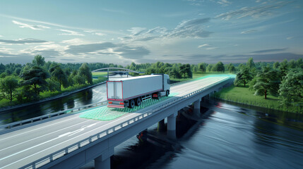A semi truck crosses over a bridge spanning a wide river, carrying goods on a vast journey, Autonomous semi-truck with a trailer, controlled by artificial intelligence, drives over a bridge over the r