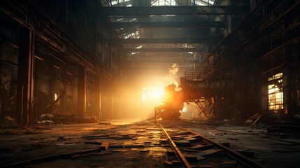 An abandoned factory lit by the soft rays of the sun  AI generated illustration