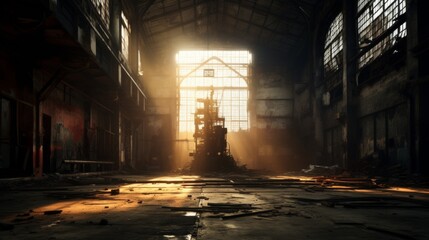 An abandoned factory lit by the soft rays of the sun  AI generated illustration - obrazy, fototapety, plakaty