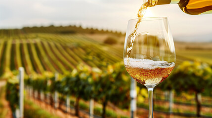 A person gracefully pours red wine from a bottle into a delicate wine glass, Wine glass with pouring white wine and vineyard landscape in sunny day. Winemaking concept, copy space - obrazy, fototapety, plakaty