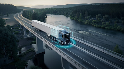 A semi truck gracefully crosses a bridge spanning a river, with the water glistening below and the sky stretching overhead, Autonomous semi-truck with a trailer, controlled by artificial intelligence,