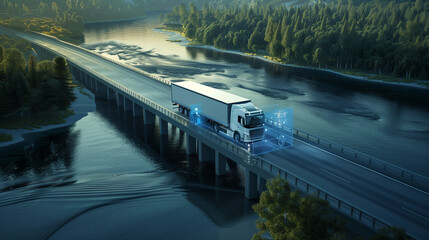 Autonomous semi-truck with a trailer, controlled by artificial intelligence, drives over a bridge over the river. Cargo delivery, transportation of the future. Artificial intelligence. Self driving.