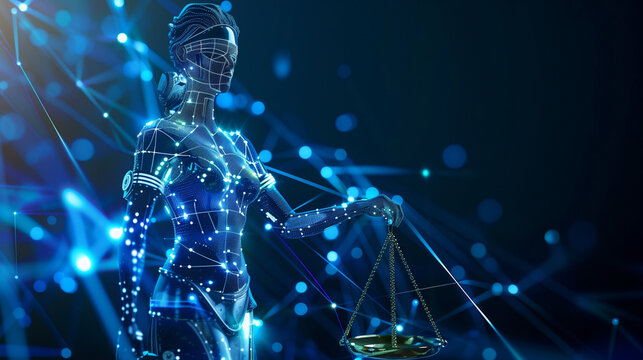 A woman confidently holds a scale of justice against a vibrant blue background, AI ethics and legal concepts artificial intelligence law and online technology of legal regulations Controlling artifici
