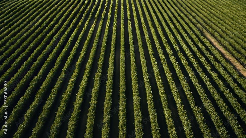 Poster an aerial view of perfectly aligned vineyard rows presenting a symmetrical and minimalist pattern in